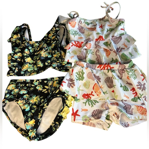 2 swim suits: Ruffle Butts Kids Swim Bikinis - Floral and Sea Life Prints Sz 4 - Picture 1 of 7